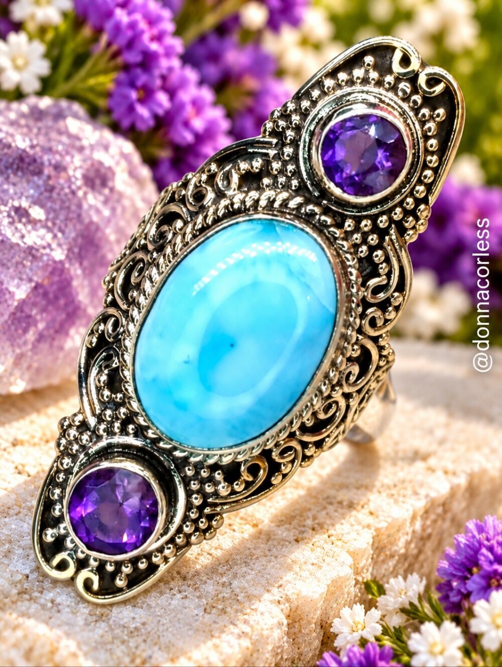 Bali Legacy Larimar Amethyst Sterling Silver Statement Ring Size 6 NWT